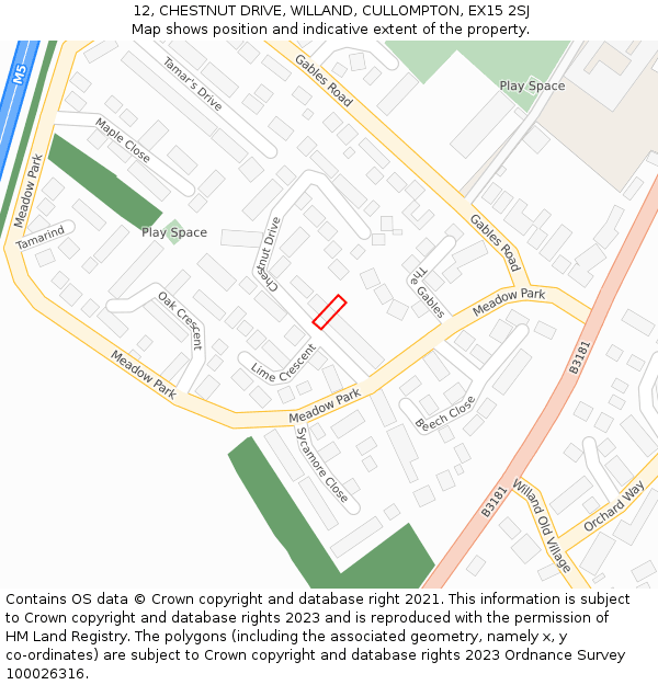 12, CHESTNUT DRIVE, WILLAND, CULLOMPTON, EX15 2SJ: Location map and indicative extent of plot