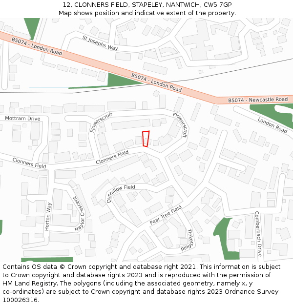 12, CLONNERS FIELD, STAPELEY, NANTWICH, CW5 7GP: Location map and indicative extent of plot