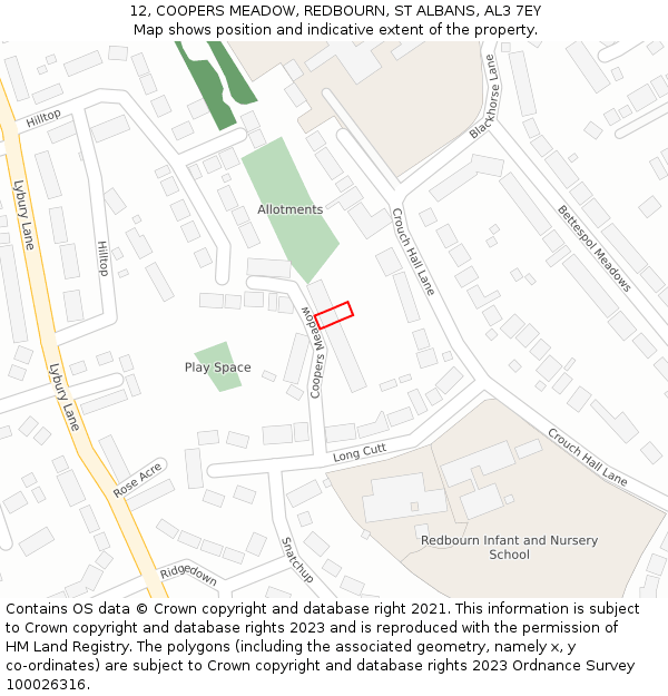 12, COOPERS MEADOW, REDBOURN, ST ALBANS, AL3 7EY: Location map and indicative extent of plot