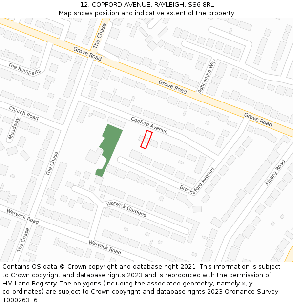 12, COPFORD AVENUE, RAYLEIGH, SS6 8RL: Location map and indicative extent of plot