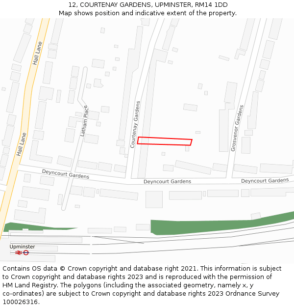 12, COURTENAY GARDENS, UPMINSTER, RM14 1DD: Location map and indicative extent of plot