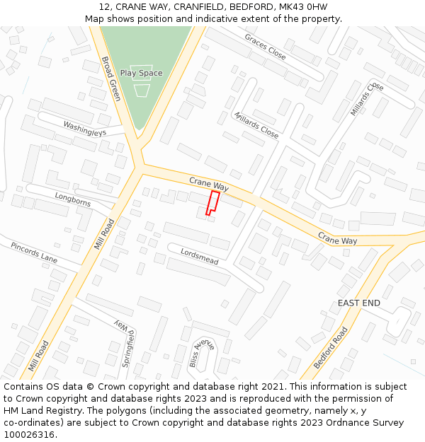 12, CRANE WAY, CRANFIELD, BEDFORD, MK43 0HW: Location map and indicative extent of plot