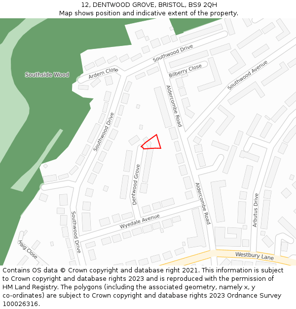 12, DENTWOOD GROVE, BRISTOL, BS9 2QH: Location map and indicative extent of plot