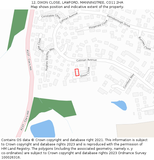 12, DIXON CLOSE, LAWFORD, MANNINGTREE, CO11 2HA: Location map and indicative extent of plot