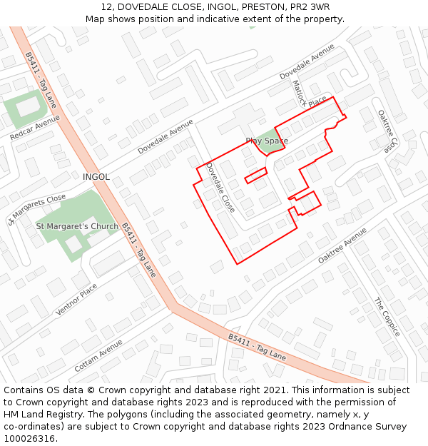 12, DOVEDALE CLOSE, INGOL, PRESTON, PR2 3WR: Location map and indicative extent of plot