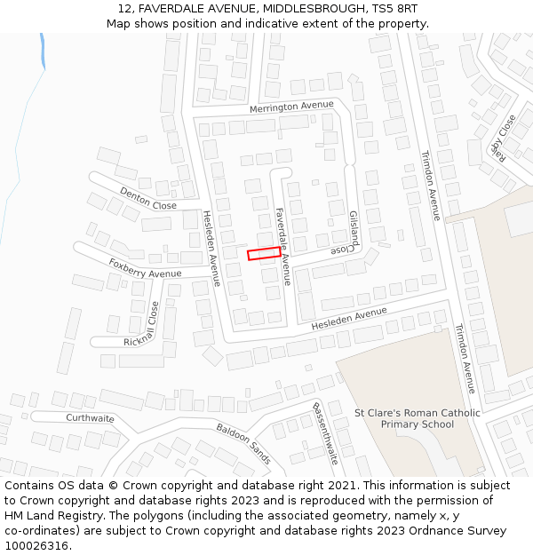 12, FAVERDALE AVENUE, MIDDLESBROUGH, TS5 8RT: Location map and indicative extent of plot