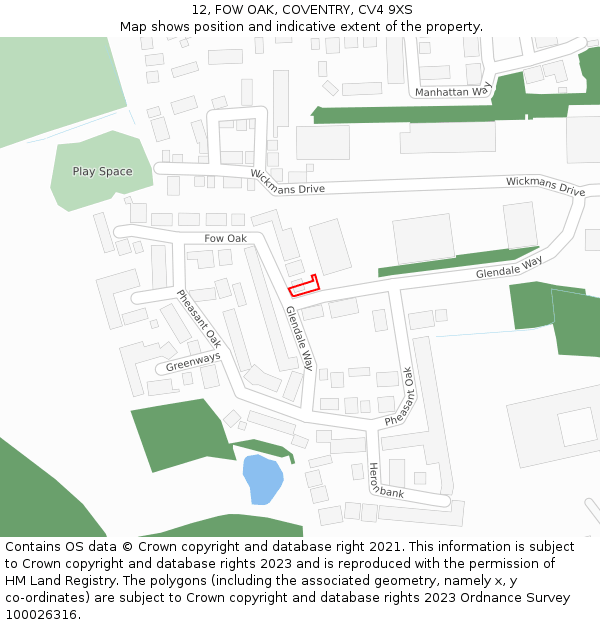 12, FOW OAK, COVENTRY, CV4 9XS: Location map and indicative extent of plot