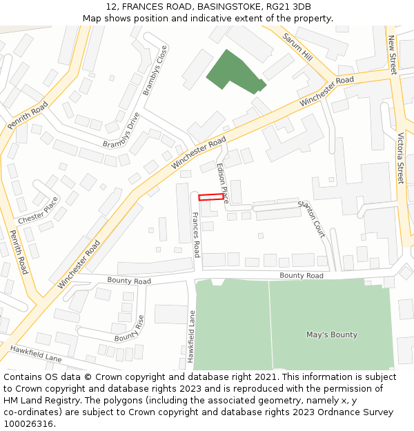 12, FRANCES ROAD, BASINGSTOKE, RG21 3DB: Location map and indicative extent of plot