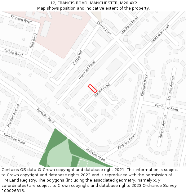 12, FRANCIS ROAD, MANCHESTER, M20 4XP: Location map and indicative extent of plot