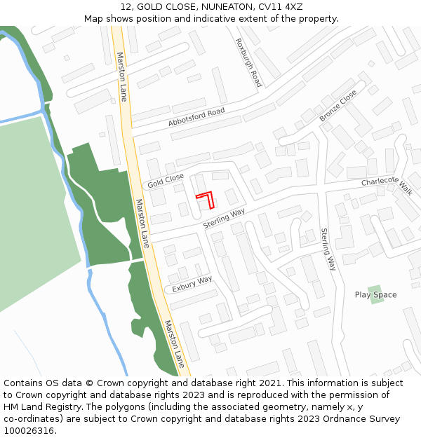 12, GOLD CLOSE, NUNEATON, CV11 4XZ: Location map and indicative extent of plot