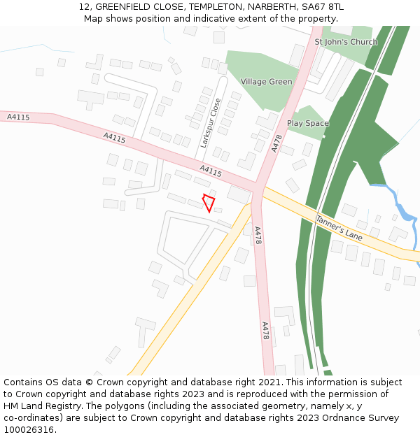 12, GREENFIELD CLOSE, TEMPLETON, NARBERTH, SA67 8TL: Location map and indicative extent of plot