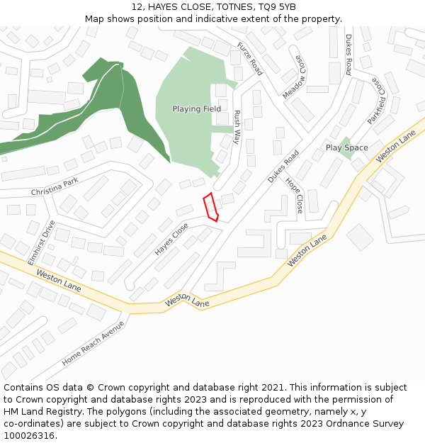 12, HAYES CLOSE, TOTNES, TQ9 5YB: Location map and indicative extent of plot