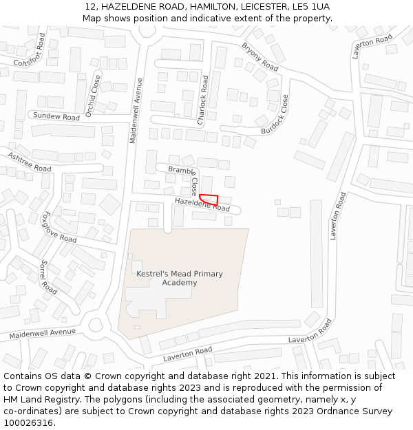 12, HAZELDENE ROAD, HAMILTON, LEICESTER, LE5 1UA: Location map and indicative extent of plot