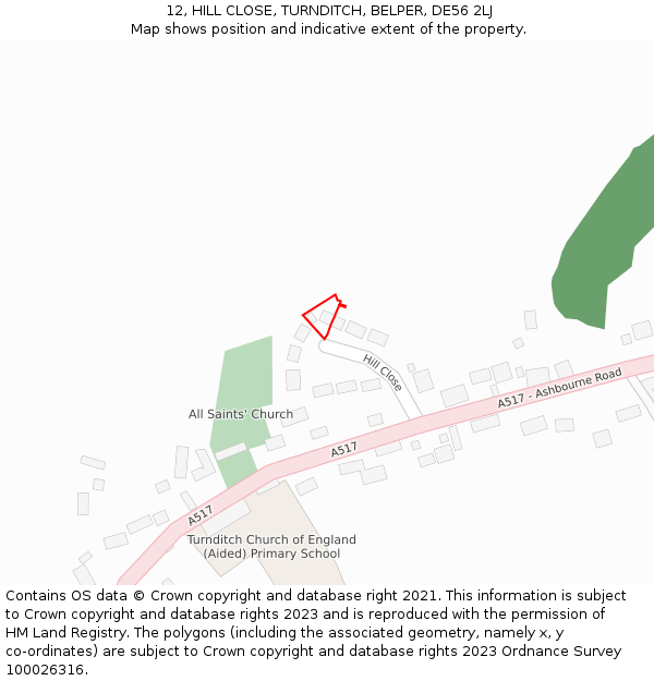 12, HILL CLOSE, TURNDITCH, BELPER, DE56 2LJ: Location map and indicative extent of plot