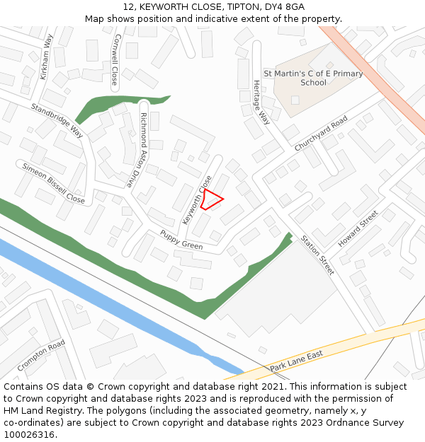 12, KEYWORTH CLOSE, TIPTON, DY4 8GA: Location map and indicative extent of plot