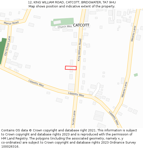 12, KING WILLIAM ROAD, CATCOTT, BRIDGWATER, TA7 9HU: Location map and indicative extent of plot