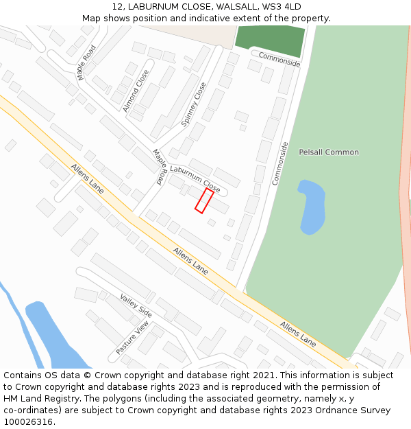 12, LABURNUM CLOSE, WALSALL, WS3 4LD: Location map and indicative extent of plot