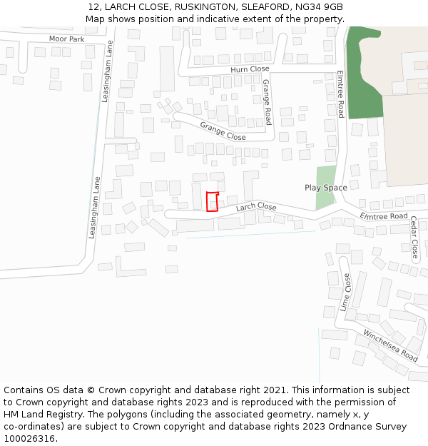 12, LARCH CLOSE, RUSKINGTON, SLEAFORD, NG34 9GB: Location map and indicative extent of plot