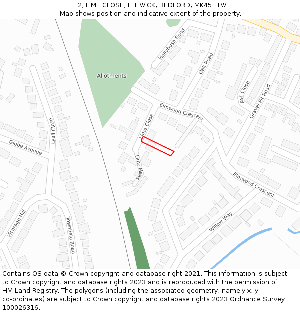 12, LIME CLOSE, FLITWICK, BEDFORD, MK45 1LW: Location map and indicative extent of plot