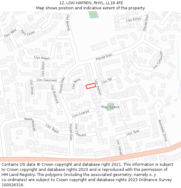 12, LON HAFREN, RHYL, LL18 4FE: Location map and indicative extent of plot