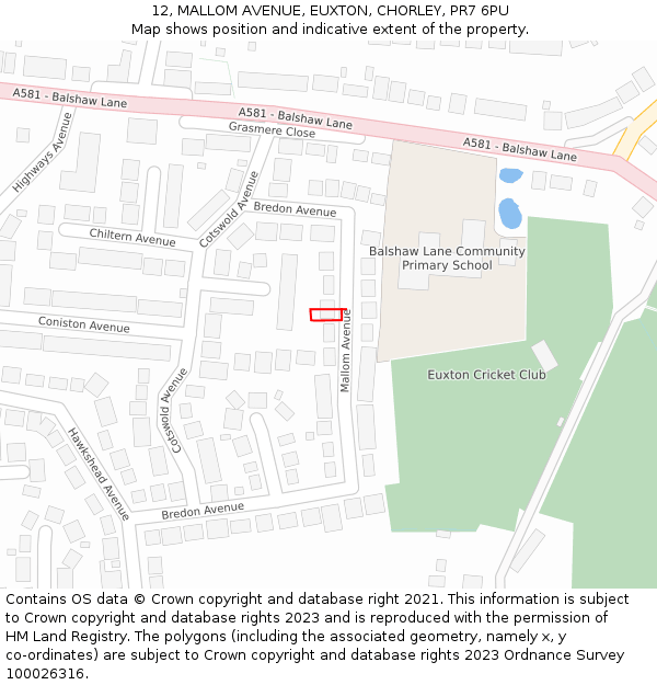 12, MALLOM AVENUE, EUXTON, CHORLEY, PR7 6PU: Location map and indicative extent of plot