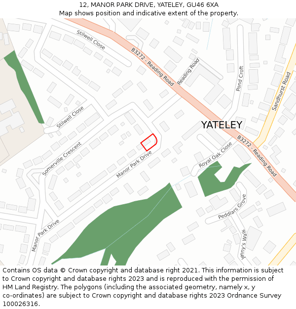 12, MANOR PARK DRIVE, YATELEY, GU46 6XA: Location map and indicative extent of plot