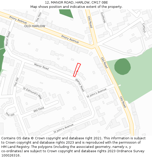 12, MANOR ROAD, HARLOW, CM17 0BE: Location map and indicative extent of plot