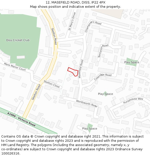 12, MASEFIELD ROAD, DISS, IP22 4PX: Location map and indicative extent of plot