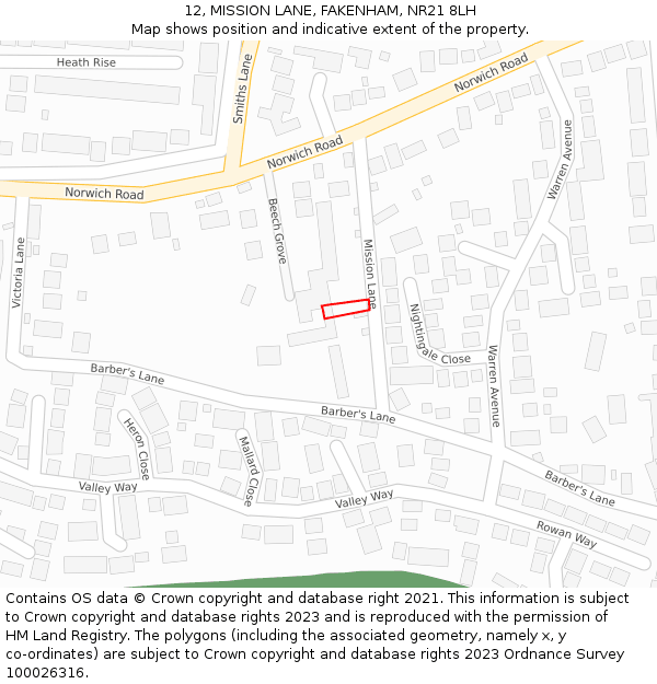 12, MISSION LANE, FAKENHAM, NR21 8LH: Location map and indicative extent of plot