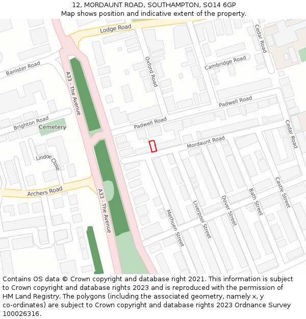 12, MORDAUNT ROAD, SOUTHAMPTON, SO14 6GP: Location map and indicative extent of plot