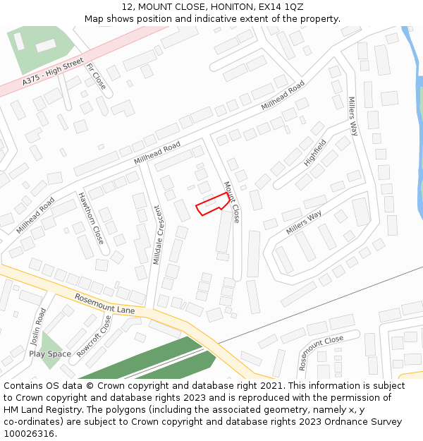 12, MOUNT CLOSE, HONITON, EX14 1QZ: Location map and indicative extent of plot