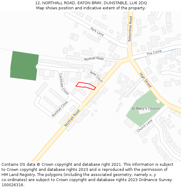 12, NORTHALL ROAD, EATON BRAY, DUNSTABLE, LU6 2DQ: Location map and indicative extent of plot