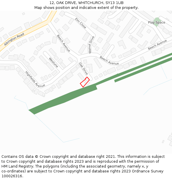 12, OAK DRIVE, WHITCHURCH, SY13 1UB: Location map and indicative extent of plot