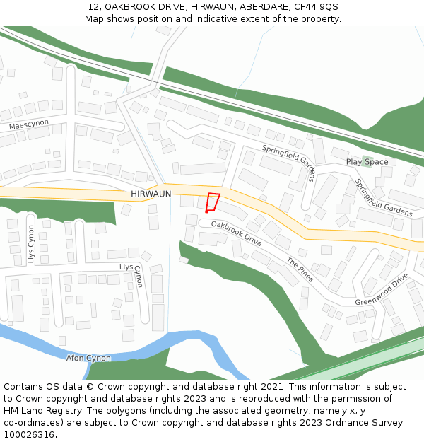 12, OAKBROOK DRIVE, HIRWAUN, ABERDARE, CF44 9QS: Location map and indicative extent of plot