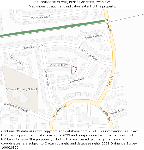 12, OSBORNE CLOSE, KIDDERMINSTER, DY10 3YY: Location map and indicative extent of plot