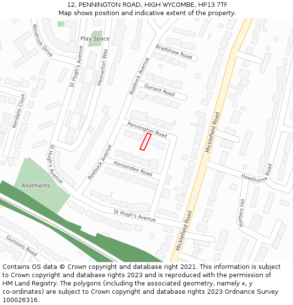12, PENNINGTON ROAD, HIGH WYCOMBE, HP13 7TF: Location map and indicative extent of plot