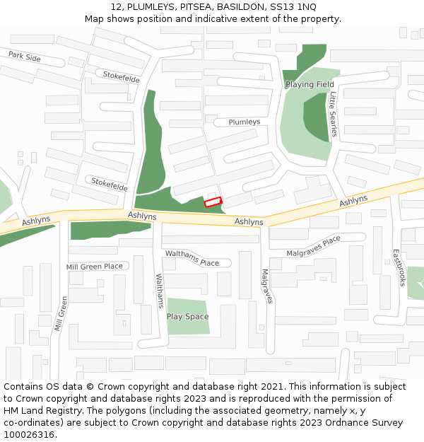 12, PLUMLEYS, PITSEA, BASILDON, SS13 1NQ: Location map and indicative extent of plot