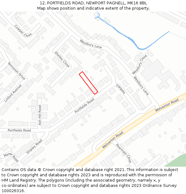 12, PORTFIELDS ROAD, NEWPORT PAGNELL, MK16 8BL: Location map and indicative extent of plot