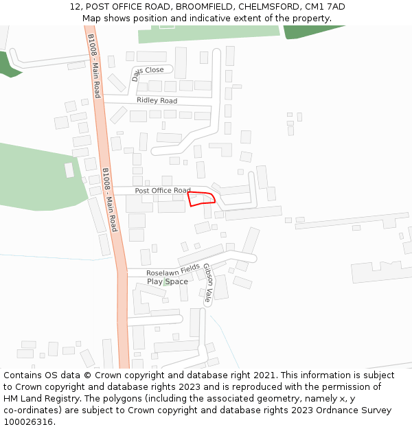 12, POST OFFICE ROAD, BROOMFIELD, CHELMSFORD, CM1 7AD: Location map and indicative extent of plot