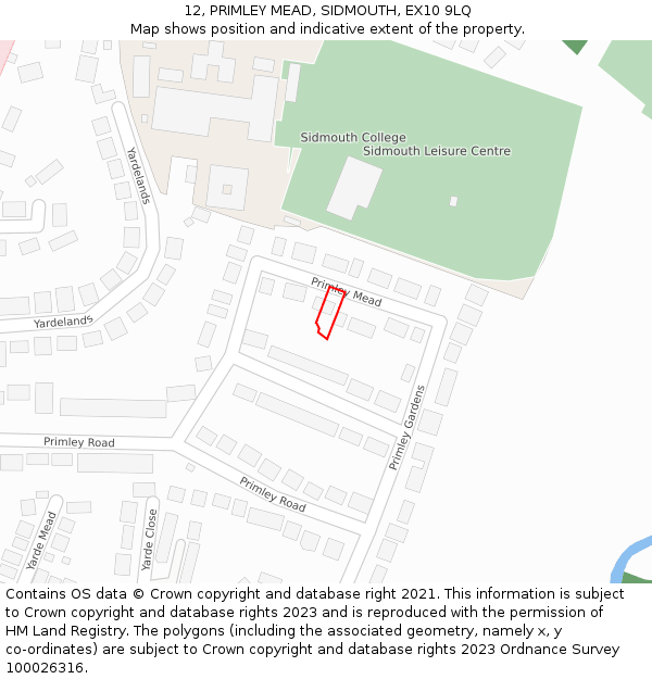 12, PRIMLEY MEAD, SIDMOUTH, EX10 9LQ: Location map and indicative extent of plot