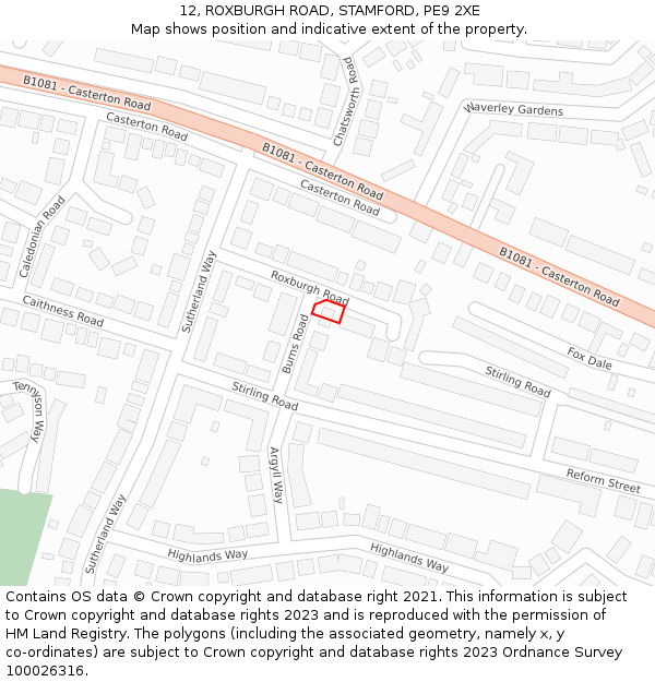 12, ROXBURGH ROAD, STAMFORD, PE9 2XE: Location map and indicative extent of plot