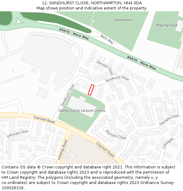 12, SANDHURST CLOSE, NORTHAMPTON, NN4 0DA: Location map and indicative extent of plot