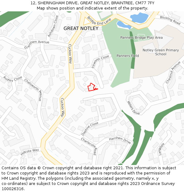 12, SHERINGHAM DRIVE, GREAT NOTLEY, BRAINTREE, CM77 7FY: Location map and indicative extent of plot