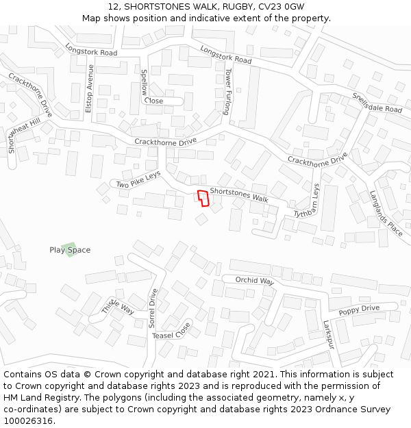 12, SHORTSTONES WALK, RUGBY, CV23 0GW: Location map and indicative extent of plot