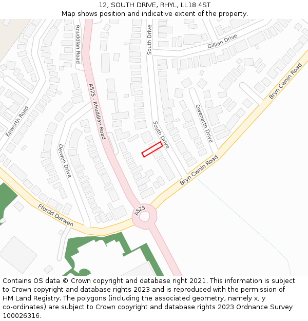 12, SOUTH DRIVE, RHYL, LL18 4ST: Location map and indicative extent of plot