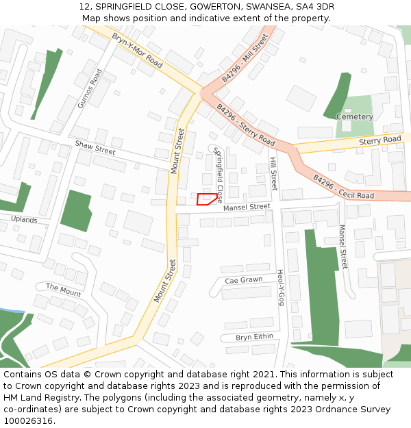 12, SPRINGFIELD CLOSE, GOWERTON, SWANSEA, SA4 3DR: Location map and indicative extent of plot