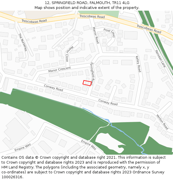 12, SPRINGFIELD ROAD, FALMOUTH, TR11 4LG: Location map and indicative extent of plot