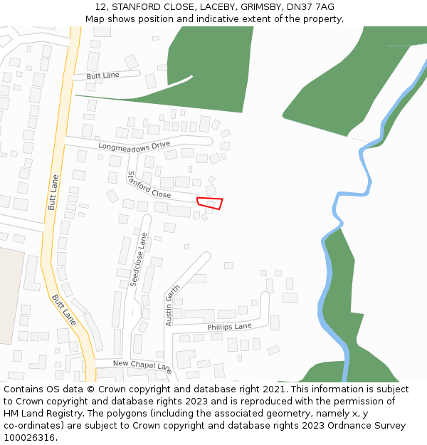 12, STANFORD CLOSE, LACEBY, GRIMSBY, DN37 7AG: Location map and indicative extent of plot