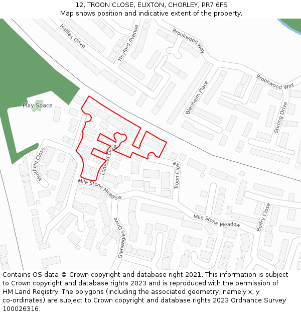 12, TROON CLOSE, EUXTON, CHORLEY, PR7 6FS: Location map and indicative extent of plot