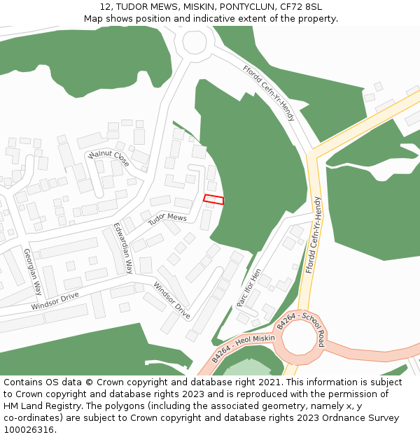 12, TUDOR MEWS, MISKIN, PONTYCLUN, CF72 8SL: Location map and indicative extent of plot